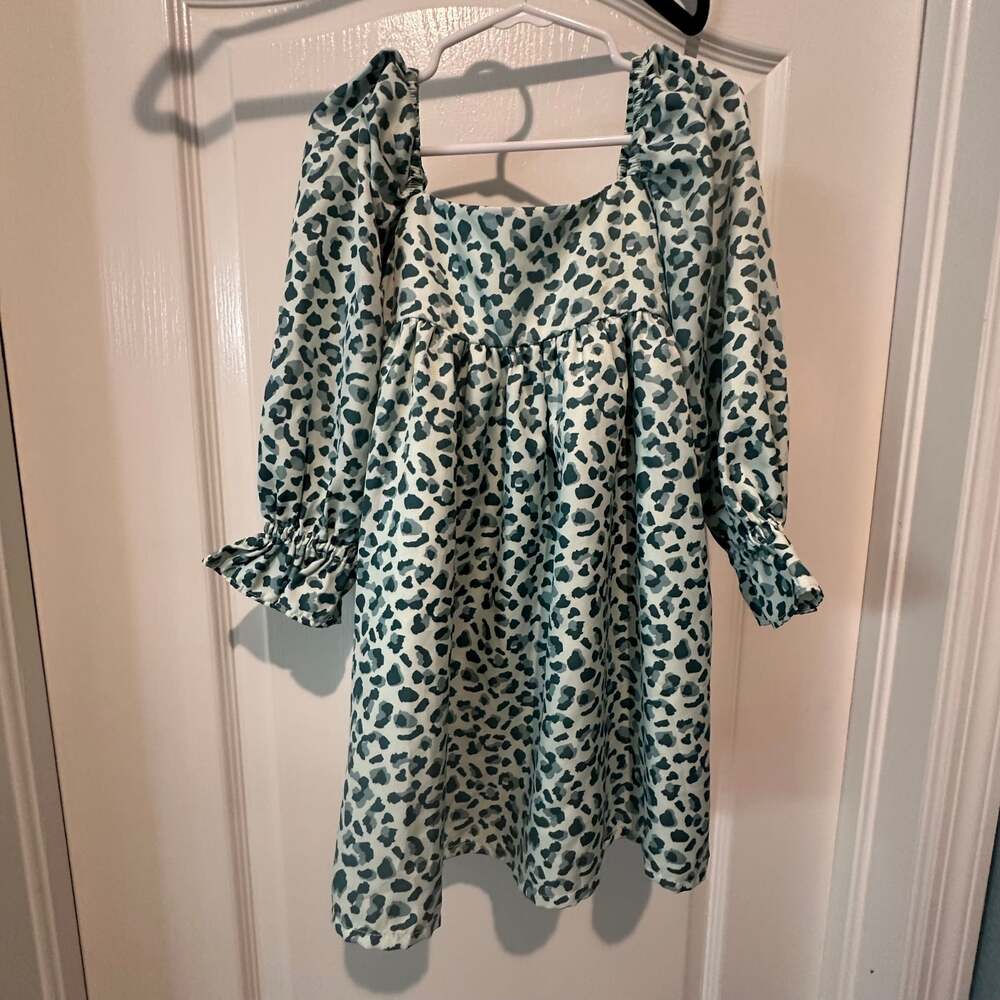 Janie and Jack Teal Animal Print Puff Sleeve Dress Sz 4